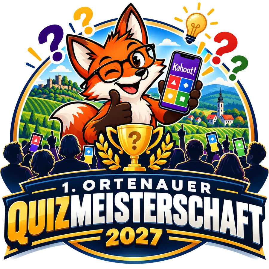 Logo 1. Ortenauer Quizmeisterschaft 2027 – Fuchs mit Handy und Pokal